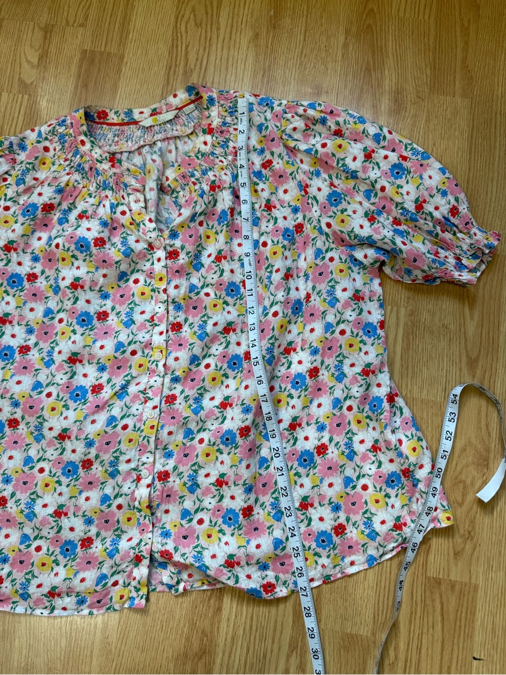 Boden Floral 100% Linen Smocked Puff Sleeve Blouse US 20/22 - Picture 8 of 11
